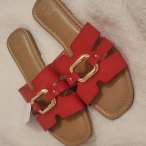 Time and Tru Red Sandals with Gold Buckle